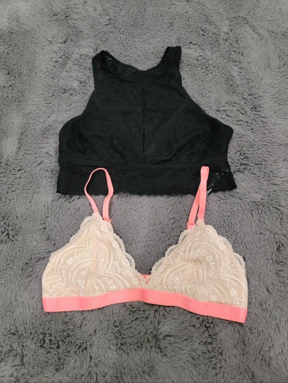Set Of 2 Aerie Lace Bralette Small Black Lace, Cream Coral Pink Triangle Bra